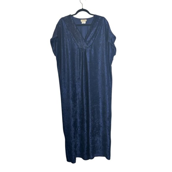 Vintage Blue Brushed Velour Kaftan MuuMuu House Dress Sz L Full Length Maxi - Picture 1 of 6